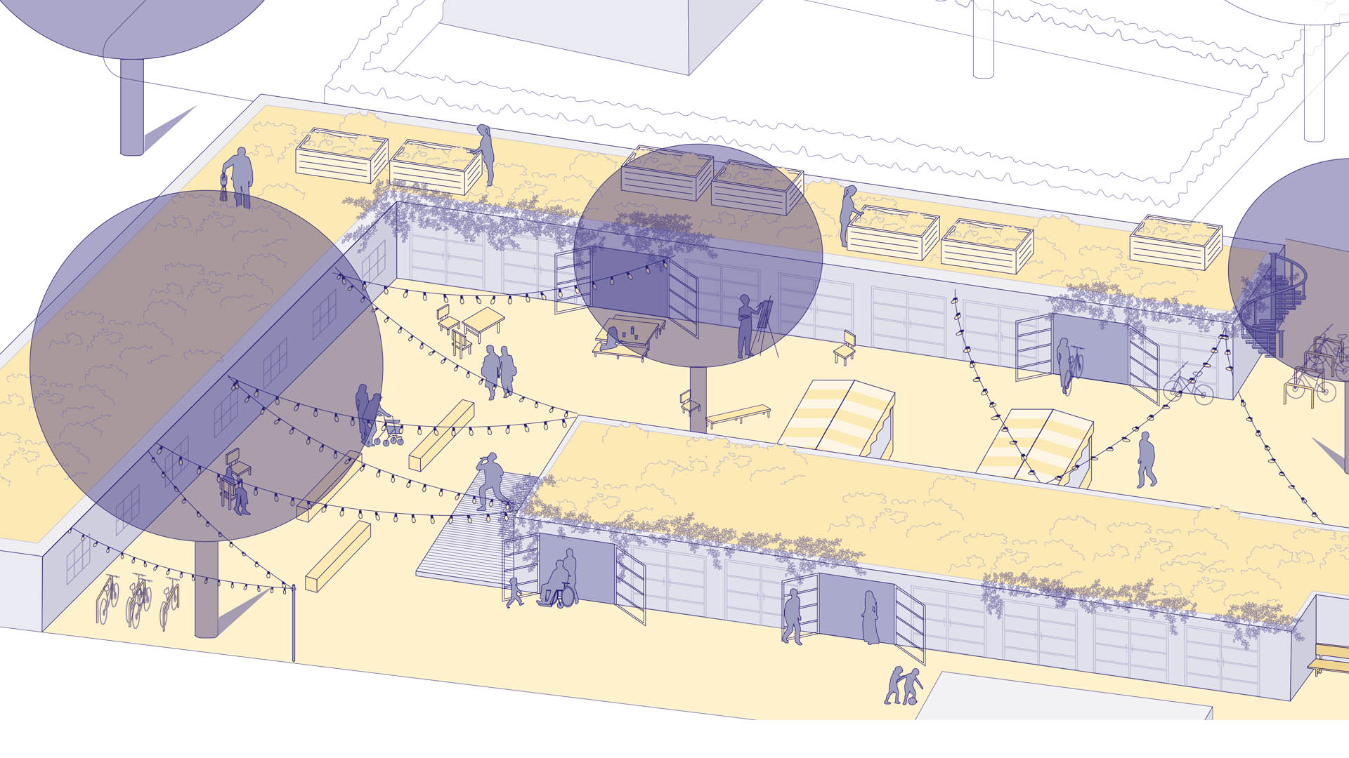 Gestaltungsvorschlag Umnutzung und -gestaltung der Garagen Mithrasstraße. Die Garagen sollen für Kleingewerbe, Ateliers und Werkstätten umgenutzt werden. Ein Teil der Garagen soll rückgebaut werden.